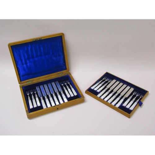 148 - A boxed set of twelve pearl handled silver plated fruit knives and forks in oak box.