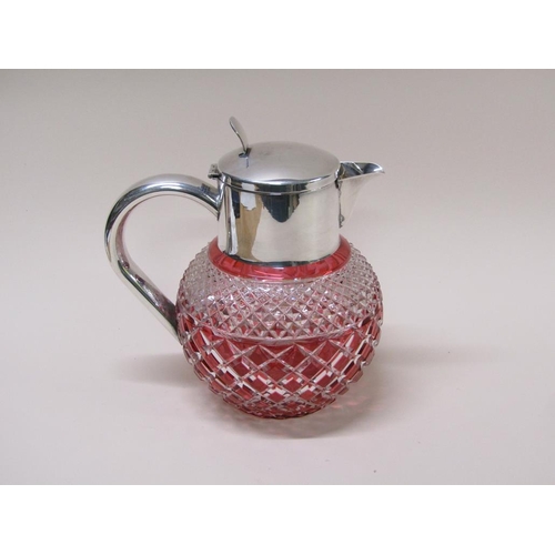 150 - A 20c silver plated lemonade jug with ruby flash cut glass, 25cm h overall.