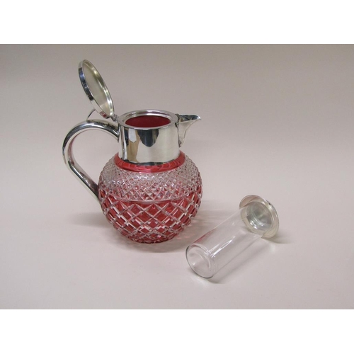 150 - A 20c silver plated lemonade jug with ruby flash cut glass, 25cm h overall.