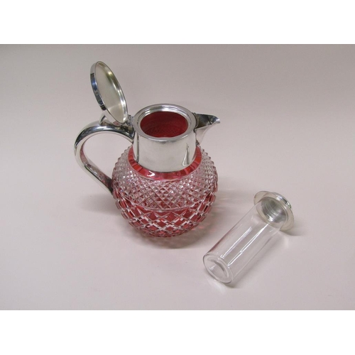 150 - A 20c silver plated lemonade jug with ruby flash cut glass, 25cm h overall.