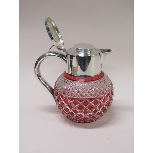 150 - A 20c silver plated lemonade jug with ruby flash cut glass, 25cm h overall.