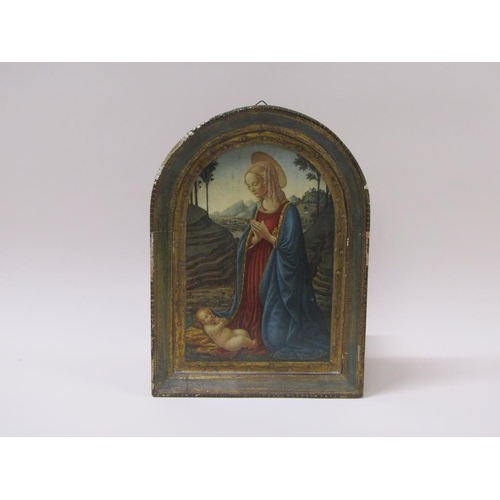 230 - An early 20c Italian coloured print on board, in an arched painted and gilt decorated frame, The Ado... 