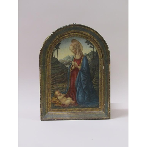 230 - An early 20c Italian coloured print on board, in an arched painted and gilt decorated frame, The Ado... 