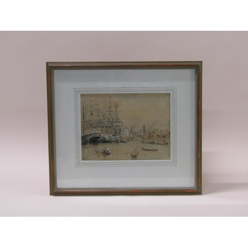 239 - Signed and titled indistinctly - A busy early 19c harbour scene, framed and glazed, watercolour, 19c... 