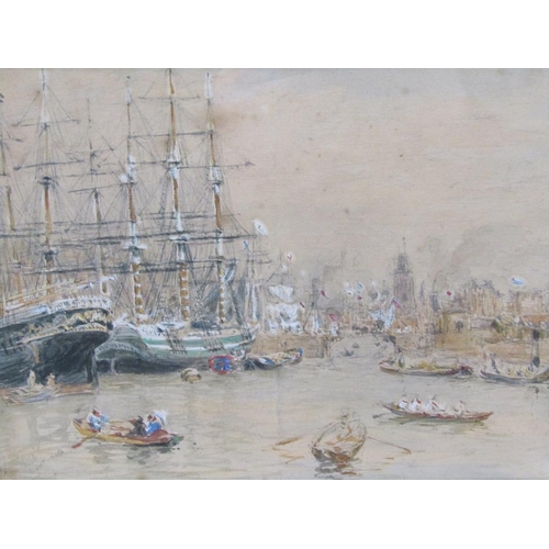 239 - Signed and titled indistinctly - A busy early 19c harbour scene, framed and glazed, watercolour, 19c... 