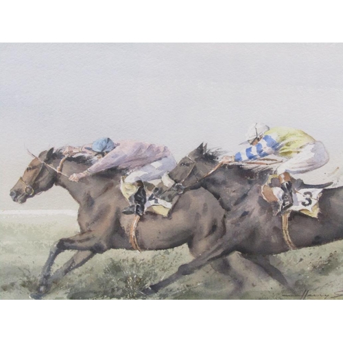 244 - Harry Sheldon 97 - A flying start, signed and dated watercolour, framed and glazed, 33cm x 51cm.