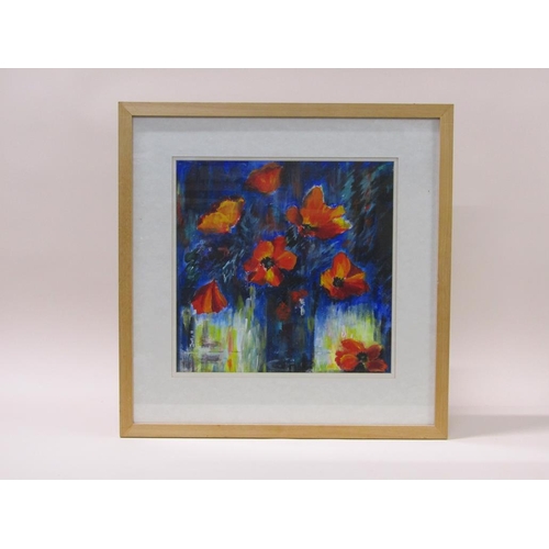 245 - Sally Hyam - Poppies on blue, signed watercolour, framed and glazed, 34cm x 34cm.