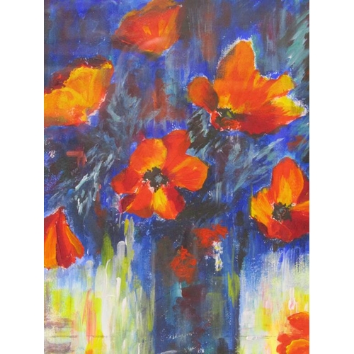 245 - Sally Hyam - Poppies on blue, signed watercolour, framed and glazed, 34cm x 34cm.