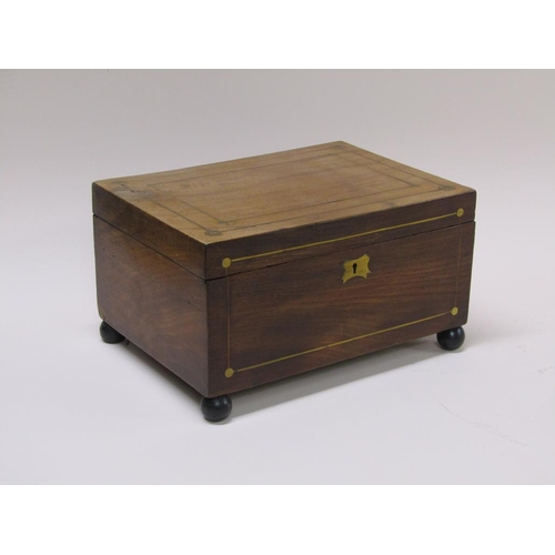 57 - A 19c mahogany needlework box with brass rail inlay, on ball feet, original paper lining with pocket... 