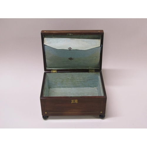 57 - A 19c mahogany needlework box with brass rail inlay, on ball feet, original paper lining with pocket... 