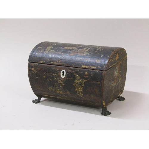 58 - An early 19c Oriental dome top box with chinoiserie decoration (many losses), supported on brass paw... 