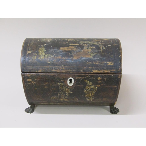 58 - An early 19c Oriental dome top box with chinoiserie decoration (many losses), supported on brass paw... 