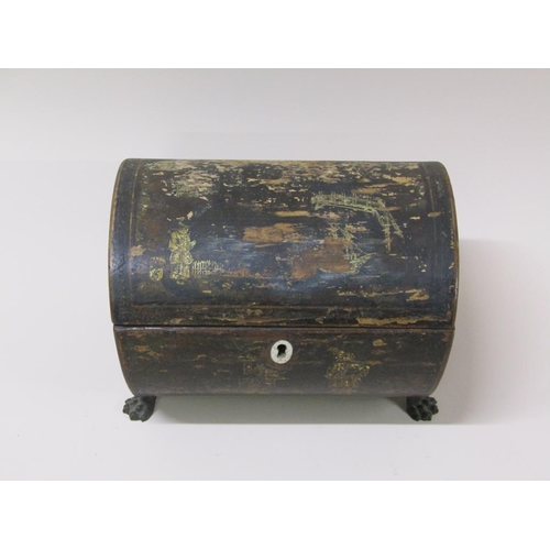 58 - An early 19c Oriental dome top box with chinoiserie decoration (many losses), supported on brass paw... 