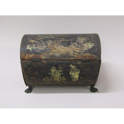 58 - An early 19c Oriental dome top box with chinoiserie decoration (many losses), supported on brass paw... 