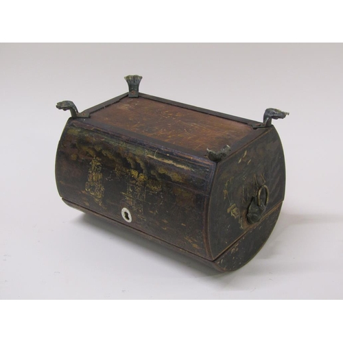 58 - An early 19c Oriental dome top box with chinoiserie decoration (many losses), supported on brass paw... 