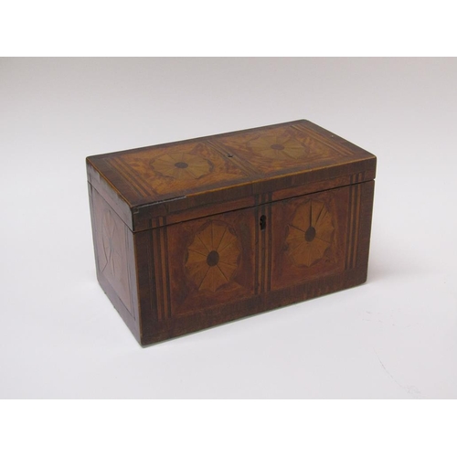 59 - A Regency period rosewood and satinwood two compartment tea caddy with patera marquetry panels withi... 