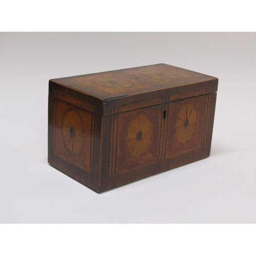 59 - A Regency period rosewood and satinwood two compartment tea caddy with patera marquetry panels withi... 