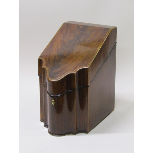 62 - A late Georgian mahogany knife box, cross banded and line inlaid with serpentine front, fitted with ... 