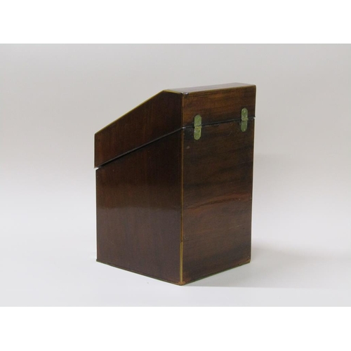 62 - A late Georgian mahogany knife box, cross banded and line inlaid with serpentine front, fitted with ... 