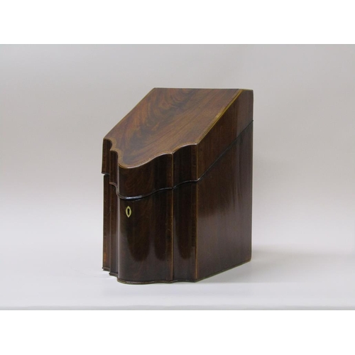 62 - A late Georgian mahogany knife box, cross banded and line inlaid with serpentine front, fitted with ... 