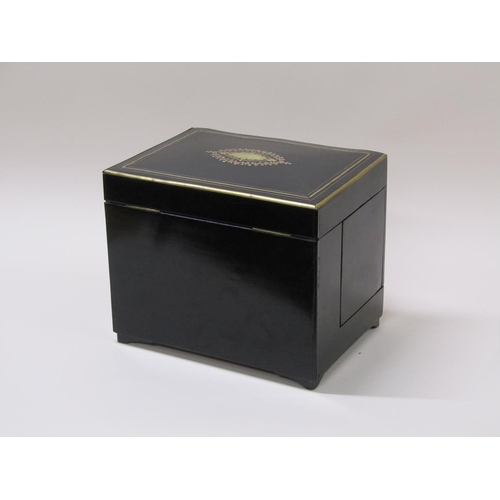 63 - A 19c tantalus liqueur box, ebonised,  inlaid with coloured wood, brass and gilt metal motifs to the... 