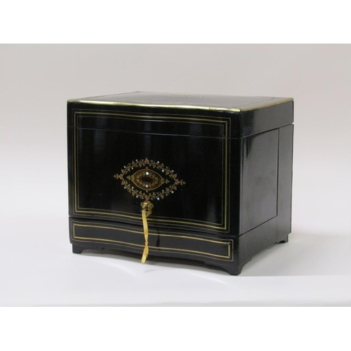 63 - A 19c tantalus liqueur box, ebonised,  inlaid with coloured wood, brass and gilt metal motifs to the... 