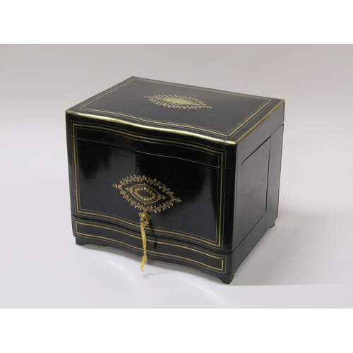 63 - A 19c tantalus liqueur box, ebonised,  inlaid with coloured wood, brass and gilt metal motifs to the... 