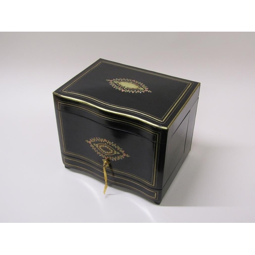 63 - A 19c tantalus liqueur box, ebonised,  inlaid with coloured wood, brass and gilt metal motifs to the... 