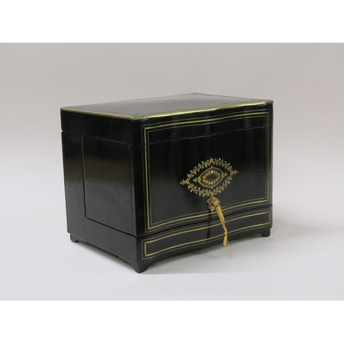 63 - A 19c tantalus liqueur box, ebonised,  inlaid with coloured wood, brass and gilt metal motifs to the... 