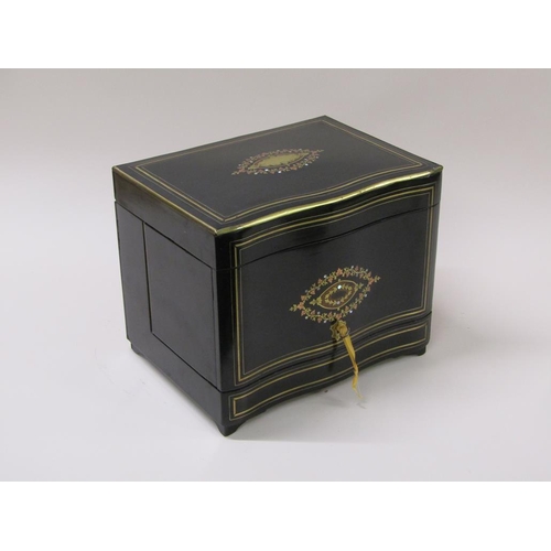 63 - A 19c tantalus liqueur box, ebonised,  inlaid with coloured wood, brass and gilt metal motifs to the... 