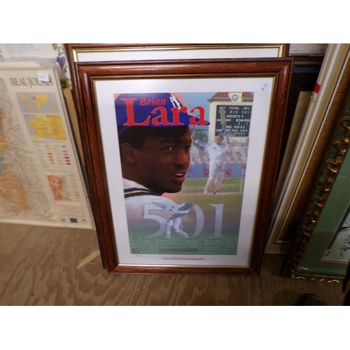 164 - COLLECTION OF FRAMED PICTURES AND PRINTS BRIAN LARA ETC.