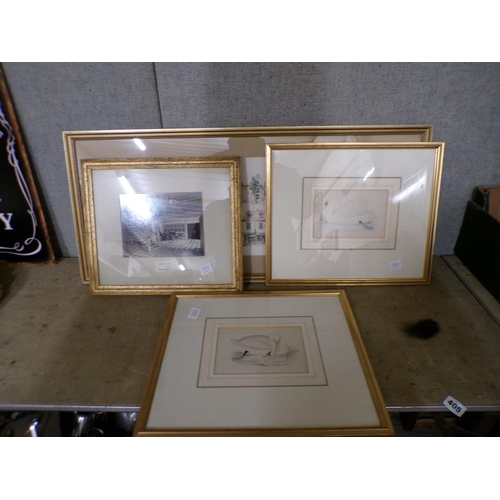 406 - FRAMED ENGRAVINGS - SWANS PLUS A PHOTOGRAPHIC PRINT AND ONE OTHER