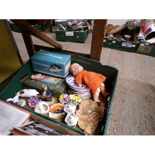 453 - BOX OF MIXED CERAMICS, TOYS ETC. PLUS A VINTAGE DOLL