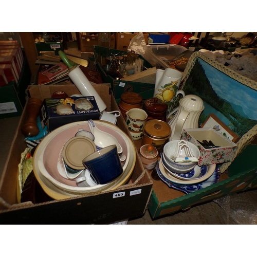 465 - TWO BOXES OF MIXED CHINA, MIXING BOWLS, KITCHENALIA ETC