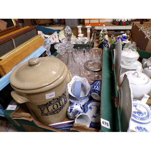 470 - BOX; ORIENTAL BLUE AND WHITE, STONEWARE, FLOUR BIN, CRYSTAL GLASS ETC