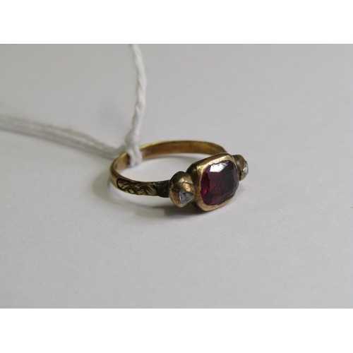 106 - A Georgian gold ruby and diamond set ring with decorative band, size G.