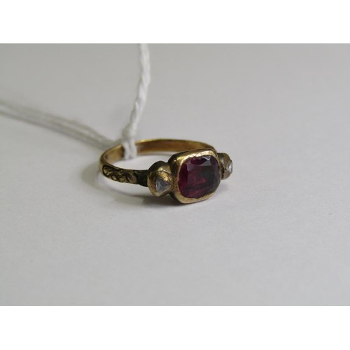 106 - A Georgian gold ruby and diamond set ring with decorative band, size G.