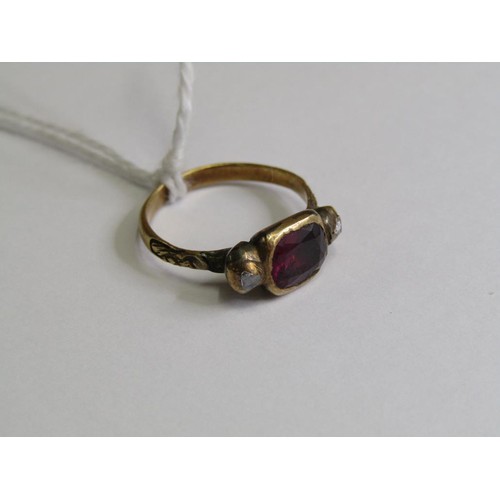 106 - A Georgian gold ruby and diamond set ring with decorative band, size G.