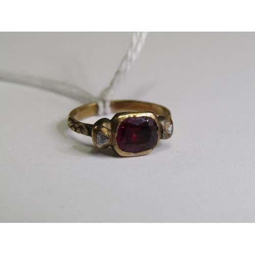 106 - A Georgian gold ruby and diamond set ring with decorative band, size G.