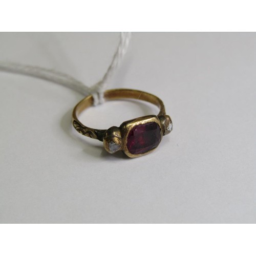 106 - A Georgian gold ruby and diamond set ring with decorative band, size G.