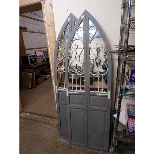 378 - PAIR OF GREY GOTHIC STYLE GARDEN MIRRORS