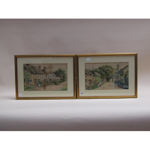 1201 - A.V LOVEGROVE 1921 - PAIR, VICTORIAN VILLAGE STREET SCENES WITH COTTAGES AND FIGURES, F/G, EACH 26CM... 