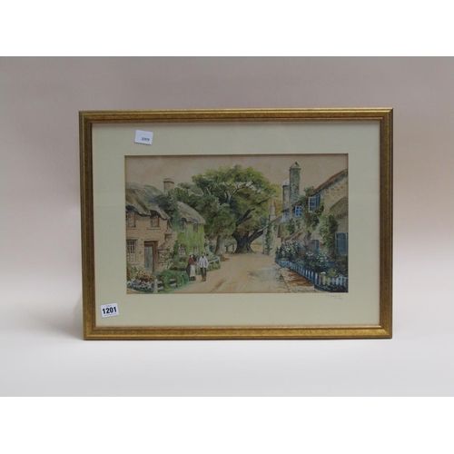 1201 - A.V LOVEGROVE 1921 - PAIR, VICTORIAN VILLAGE STREET SCENES WITH COTTAGES AND FIGURES, F/G, EACH 26CM... 