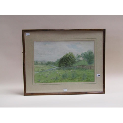 1204 - M SHARPE - KNIPE - SHEEP GRAZING, SIGNED WATERCOLOUR, F/G, 38CM X 55CM