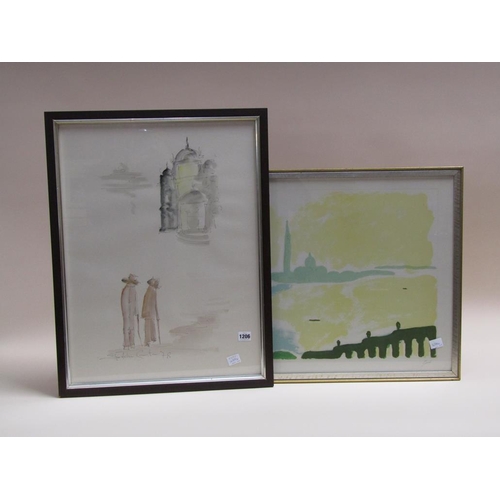 1206 - TWO PICTURES - DELLA SANTA ENZO - SENZA PEN AND WATERCOLOUR & SUIDI - TEMPLE LANDSCAPE - COLOURED PR... 