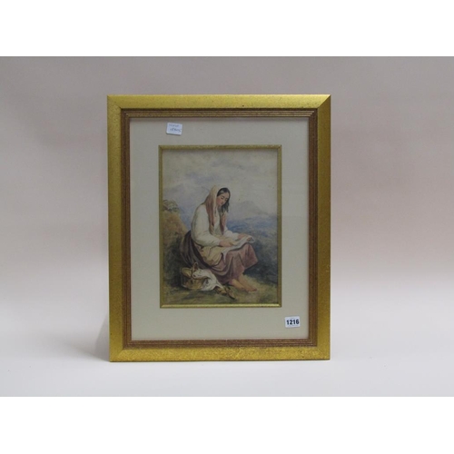 1216 - UNSIGNED 19C ENGLISH - LADY IN A LANDSCAPE WITH NEEDLEWORK, WATERCOLOUR, F/G, 32CM X 24CM