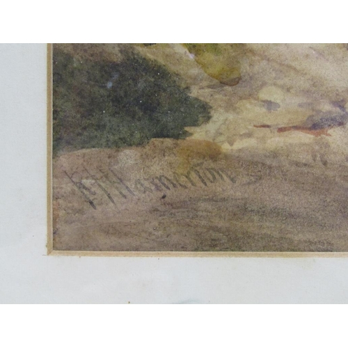 1219 - R.J HAMERTON - CHANCE MEETING IN AN ESTUARY SETTING, SIGNED WATERCOLOUR, F/G, 25CM X 34CM