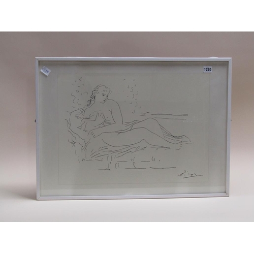 1220 - LADY RECLINING ON A RUG, PICASSO PRINT, F/G, 40CM X 53CM