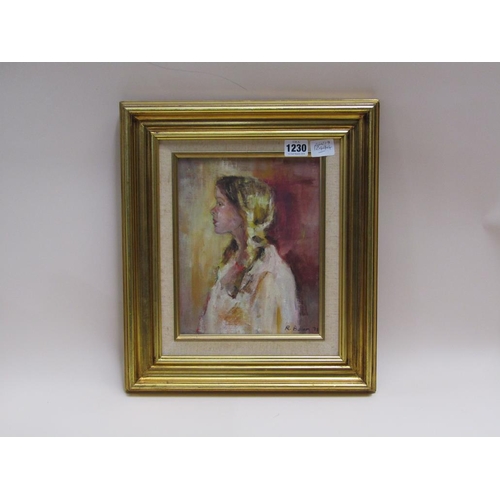 1230 - R BOLAN 71, PORTRAIT OF YOUNG LADY OIL ON BOARD, FRAMED 24 x 19 cms