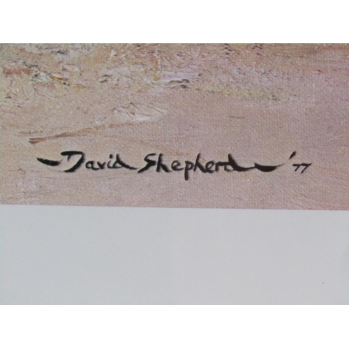 1231 - DAVID SHEPHERD IN THE THICK STUFF , COLOURED PRINT SIGNED IN PENCIL F/G 52 x 89 cms